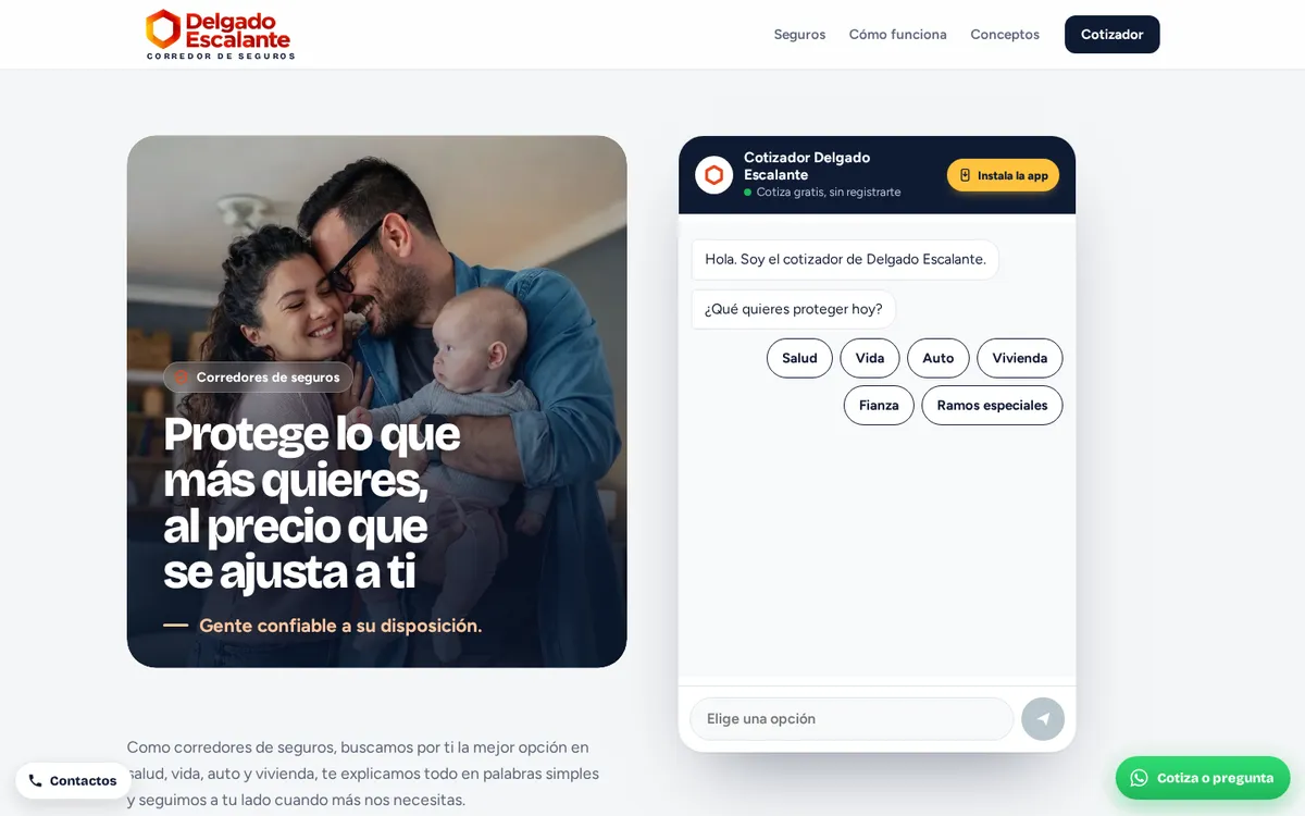 Inicio de la página de Delgado Escalante con foto familiar y cotizador por chat