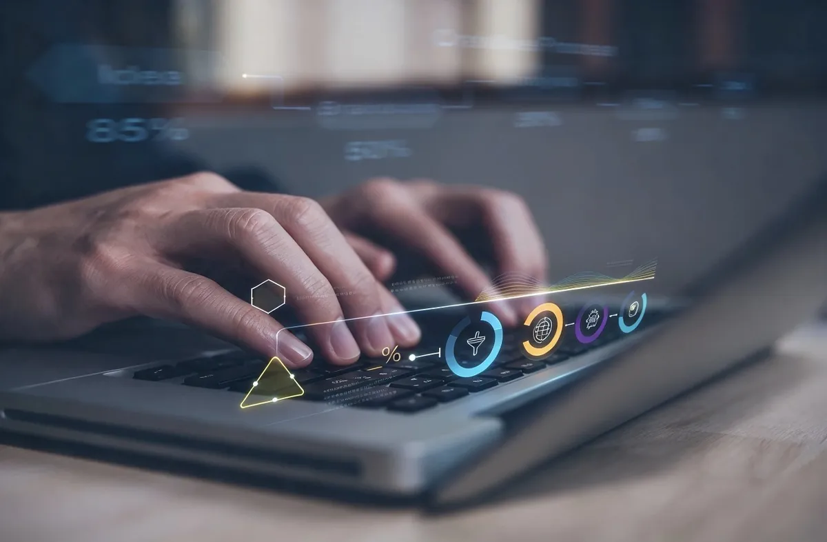 Manos escribiendo en una laptop con íconos digitales